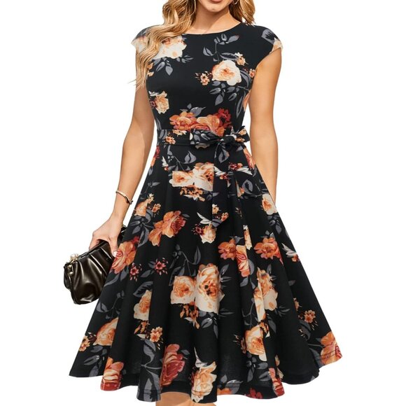 Dresstells Women's Black Yellow Modest Vintage Cocktail Formal Party Dresses - Picture 1 of 4